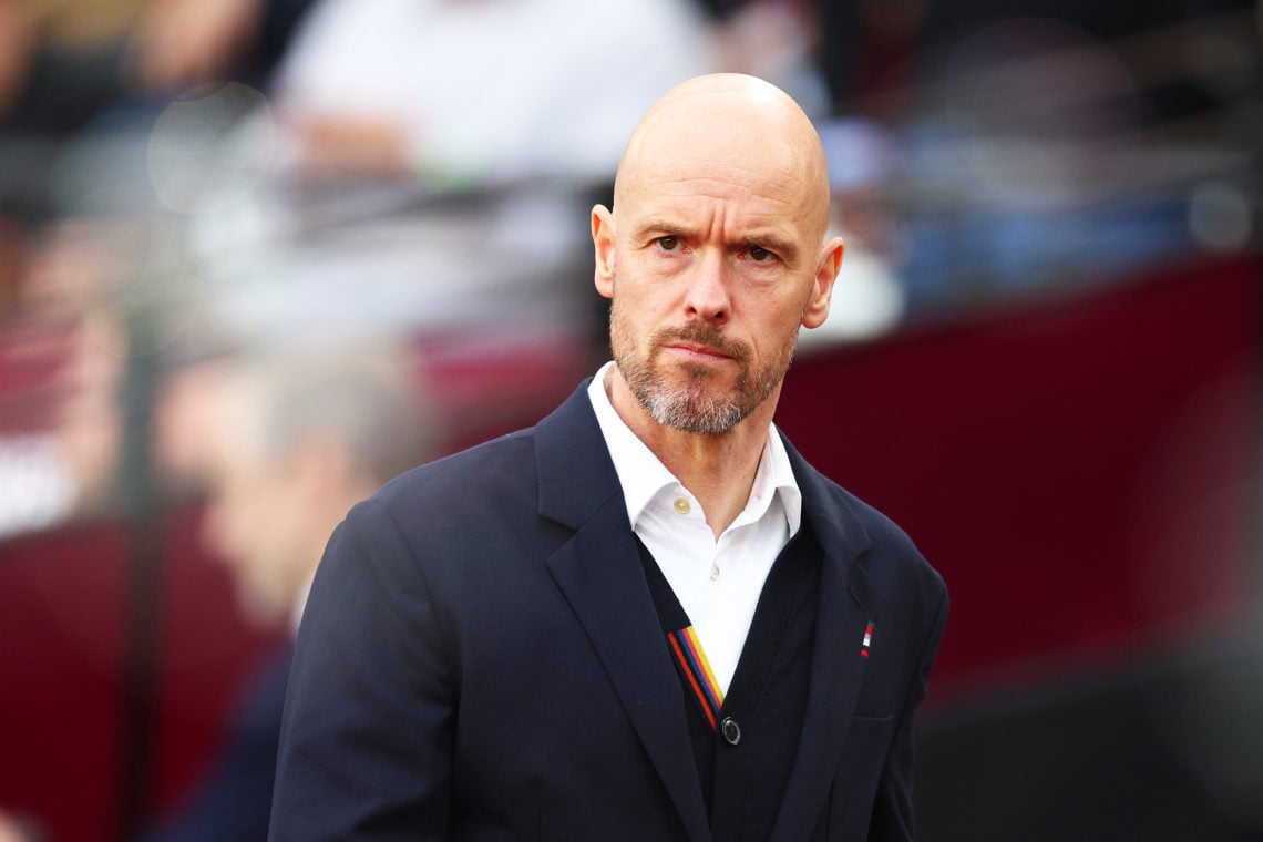 Erik ten Hag, Manager of Manchester United, looks on prior to the Premier League match between West Ham United and Manchester United at London Stad...