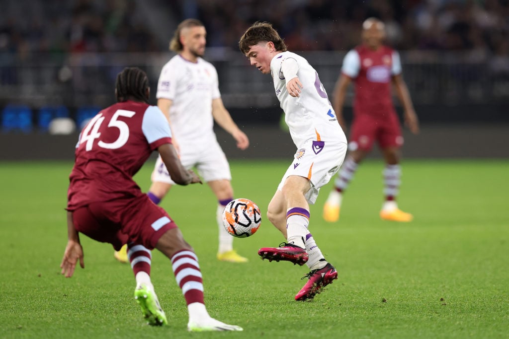 James Overy of the Glory in action during the pre-season friendly match between Perth Glory and West Ham United at Optus Stadium on July 15, 2023 i...