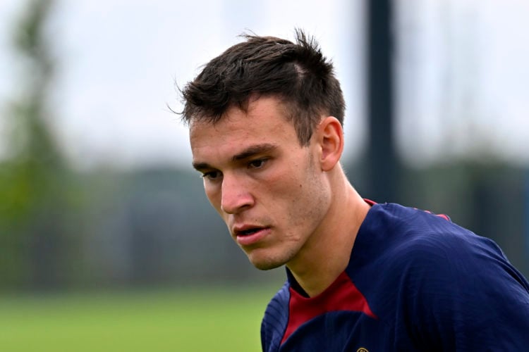 Manuel Ugarte looks on during a Paris Saint-Germain training session at PSG Campus on July 19, 2023 in Poissy, France.