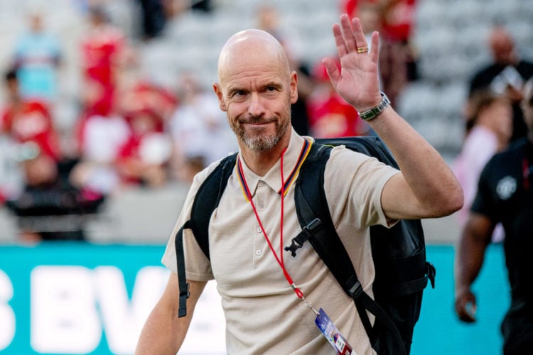 Erik ten Hag, Manager of Manchester United, reacts prior to the pre-season friendly match between Manchester United and Wrexham at Snapdragon Stadi...