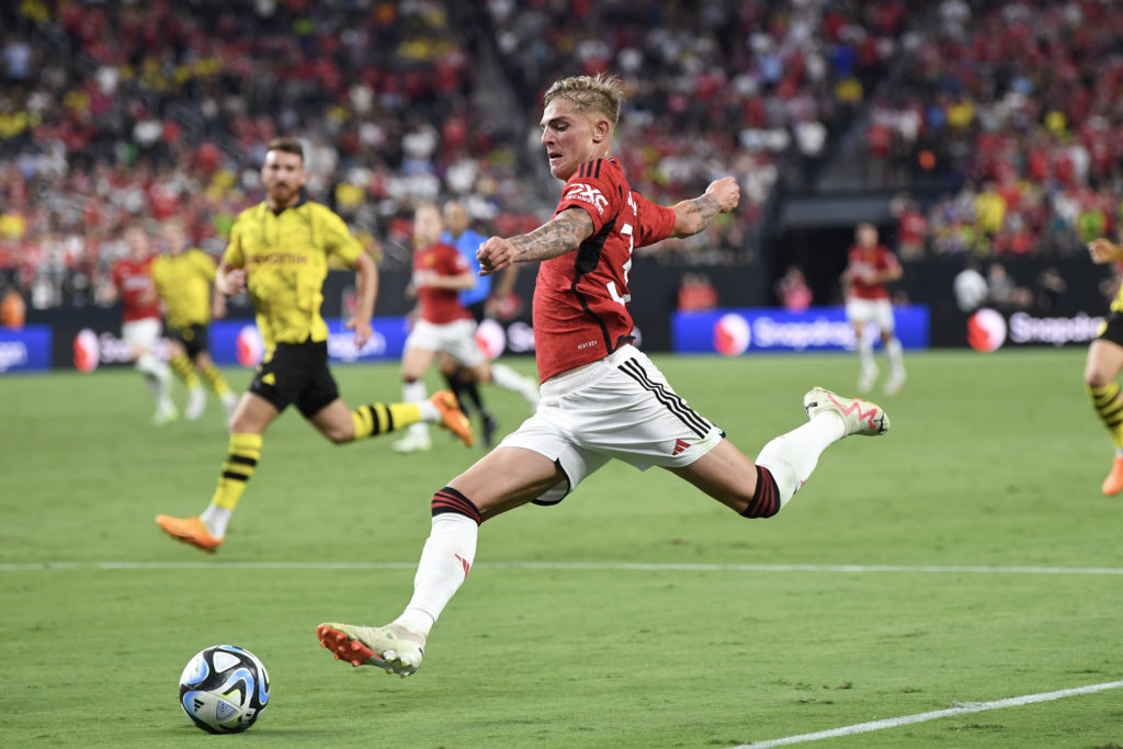 Manchester United's number 33 Brandon Williams kicks the ball during the pre-season friendly against Borussia Dortmund at Allegiant Stadium on July 30...