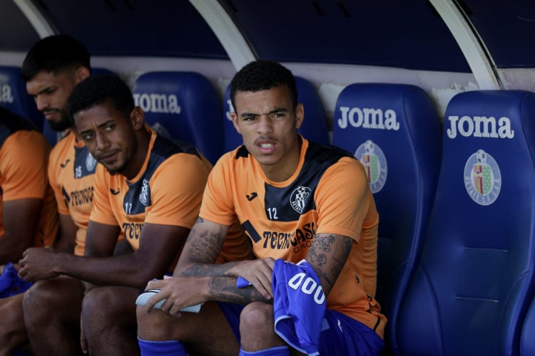 Mason Greenwood of Getafe CF reacts on the bench prior to start the LaLiga EA Sports match between Getafe CF and Villarreal CF at Coliseum Alfonso ...