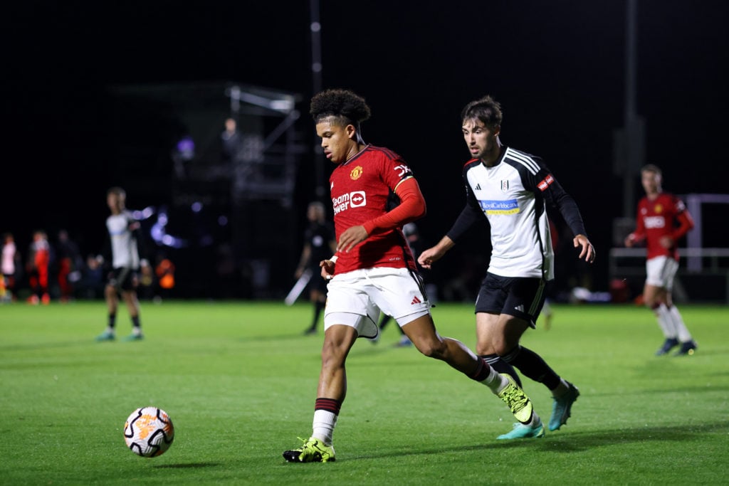 Shola Shoretire of Manchester United U21s in action during the Premier League 2 match between Fulham U21 and Manchester United U21 at Fulham FC Tra...