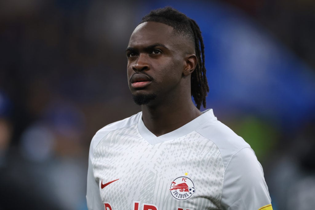 Oumar Solet of FC Salzburg looks on during the line up prior to kick off in the UEFA Champions League match between FC Internazionale and FC Salzbu...