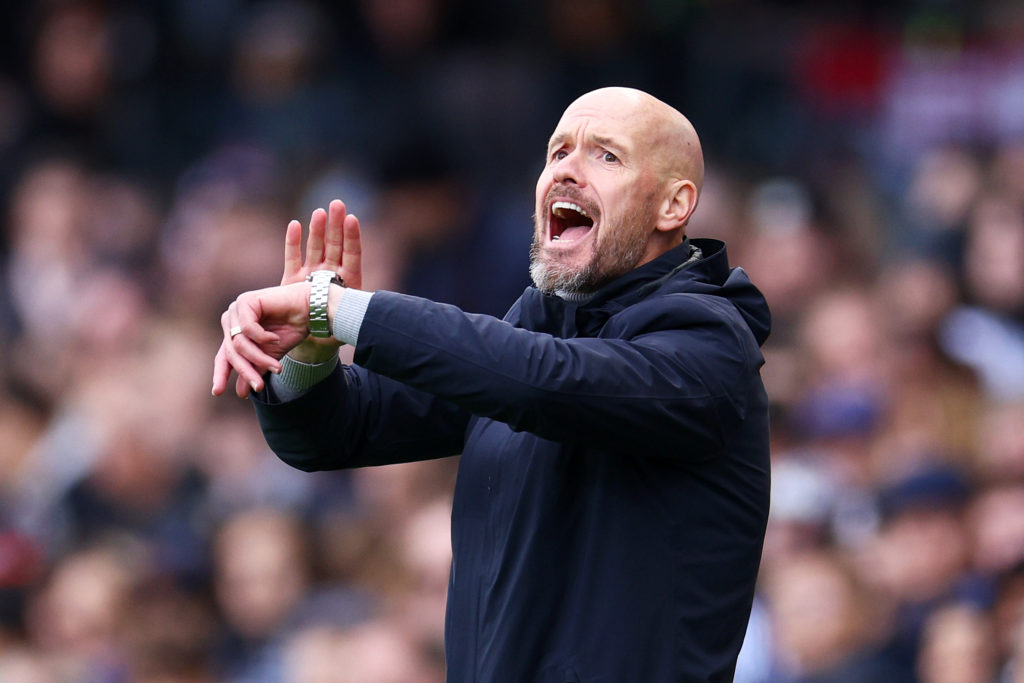 Manchester United manager Erik ten Hag gestures during the Premier League match between Fulham FC and Manchester United at Craven Cottage on N...