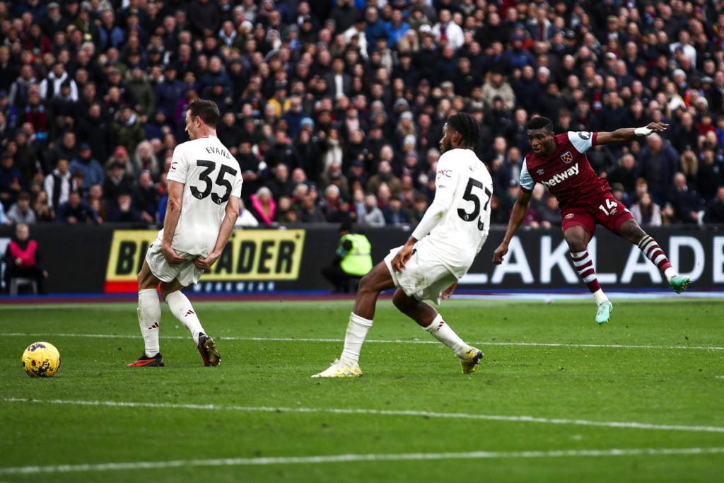 Mohammed Kudus of West Ham United is scoring the second goal for his team during the Premier League match between West Ham United and Manchester Un...