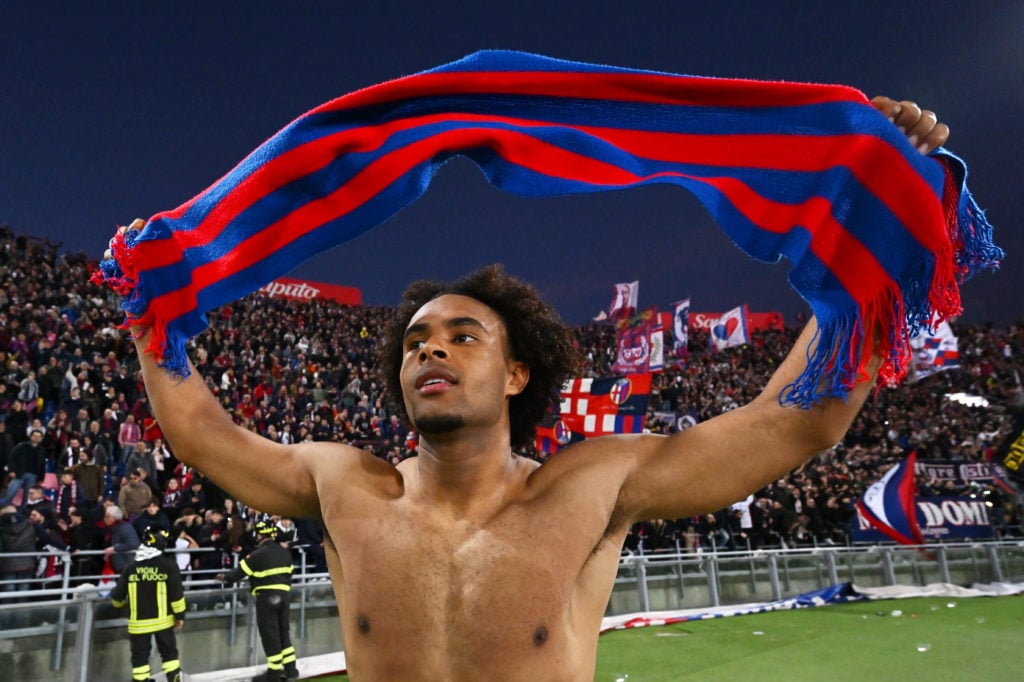 Bologna FC's Joshua Zirkzee celebrates the win at full-time after the Serie A TIM match between Bologna FC and Atalanta BC at Stadio Renato Da...