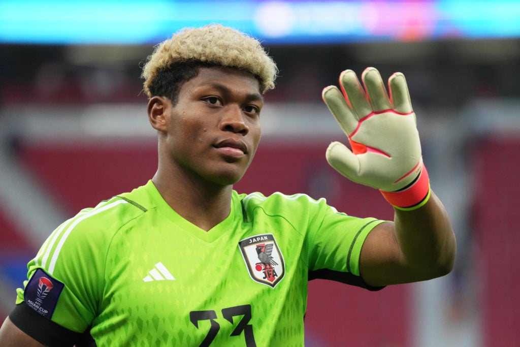 Zion Suzuki of Japan cheers the fans after the AFC Asian Cup Group D match between Japan and Vietnam at Al Thumama Stadium on January 14, 2024 in Doha...