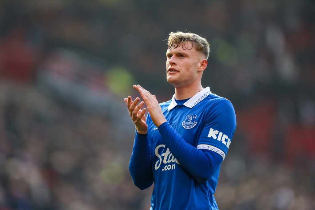 Everton's Jarrad Branthwaite applauds the fans at the final whistle of the Premier League match between Manchester United and Everton at Old Traffo...
