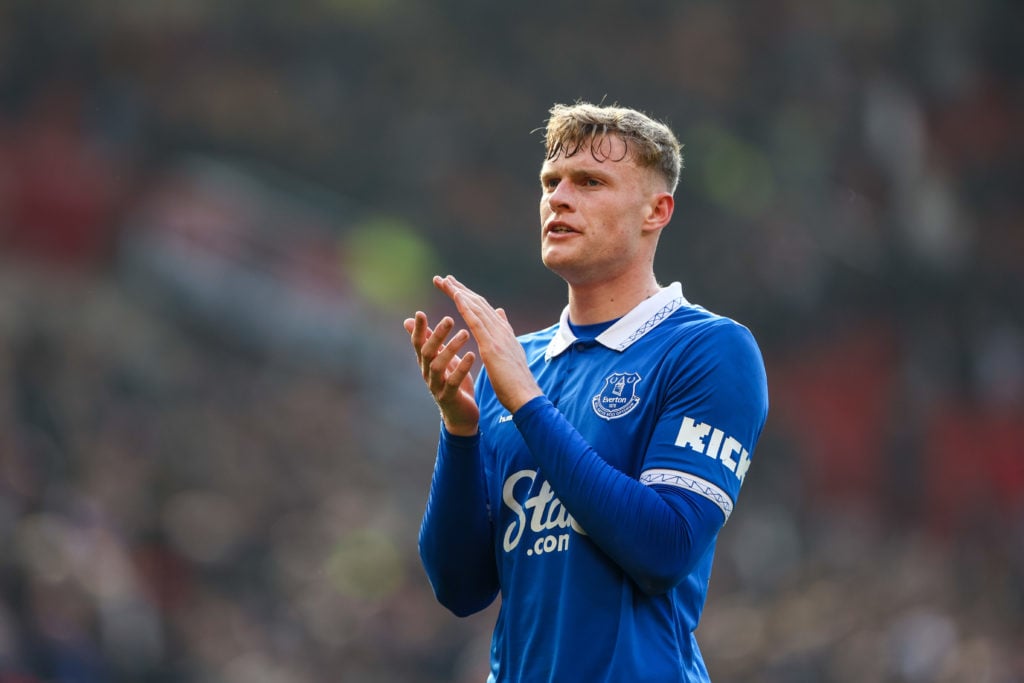 Jarrad Branthwaite of Everton cheers the fans at the final whistle of the Premier League match between Manchester United and Everton at Old Traffo...