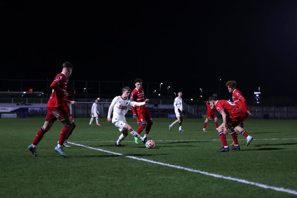 Jim Thwaites of Manchester United U21 runs with the ball during the Premier League 2 match between Middlesbrough U21 and Manchester United U21 at H...