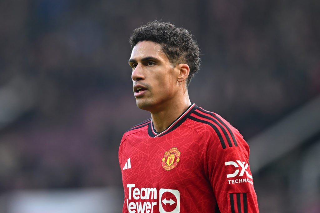 Raphael Varane of Manchester United looks on during the Premier League match between Manchester United and Everton FC at Old Trafford on March 09, ...