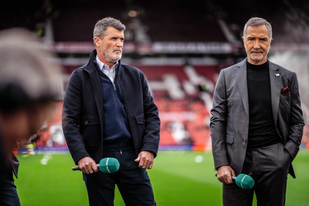 Graeme Souness and Roy Keane look on before the Emirates FA Cup quarter-final match between Manchester United and Liverpool at Old Trafford on...