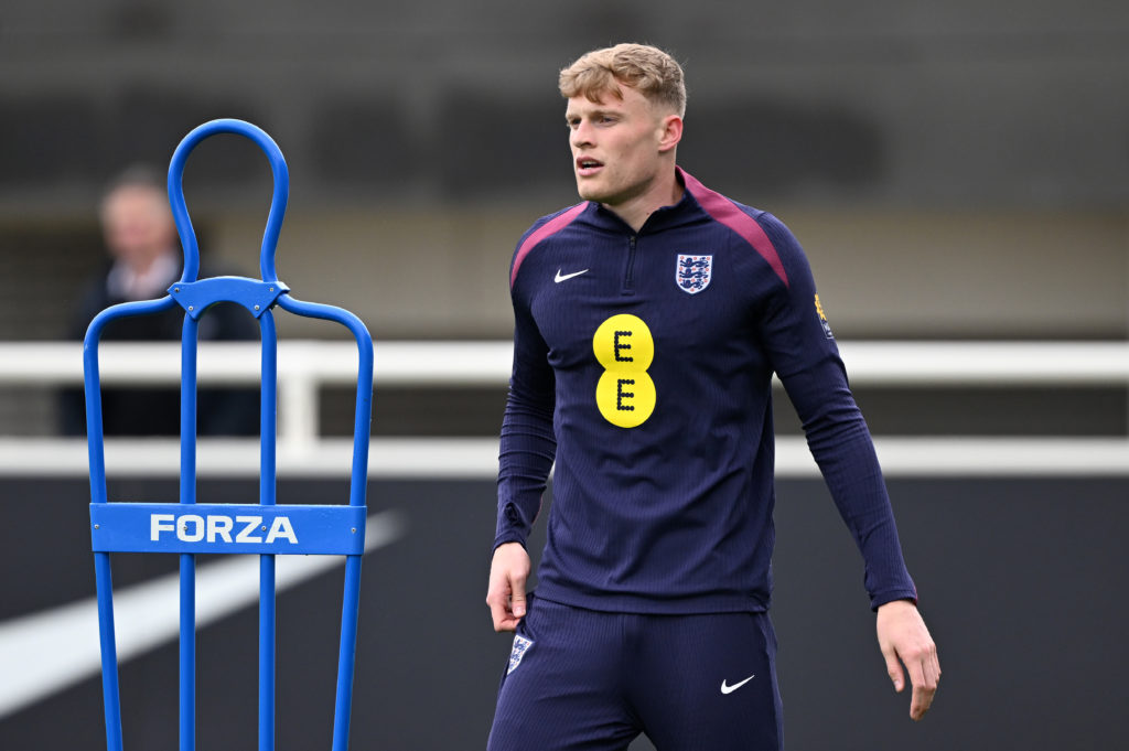 England's Jarrad Branthwaite looks on during a training session at St Georges Park on March 20, 2024 in Burton-upon-Trent, England.