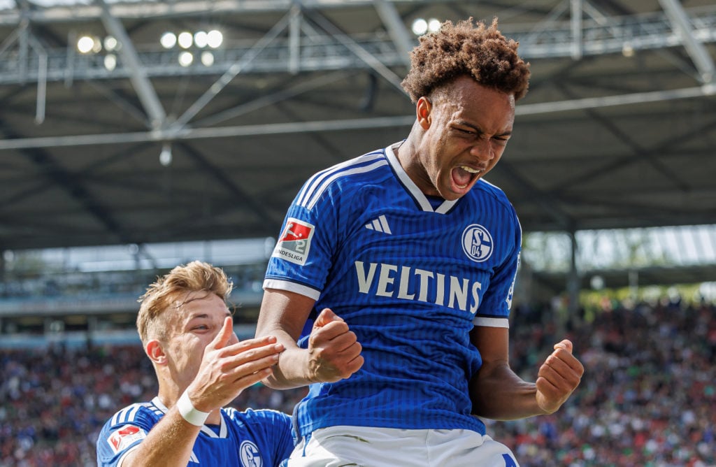 FC Schalke 04's Assan Ouedraogo celebrates after scoring his team's first goal during the second Bundesliga match between Hannover 96 and FC Schalk...