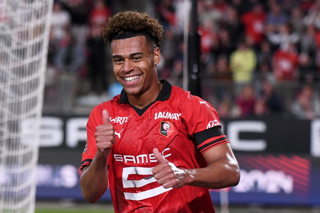 33 Desire DOUE (srfc) during the Ligue 1 Uber Eats match between Rennes and Toulouse at Roazhon Park on April 13, 2024 in Rennes, France.