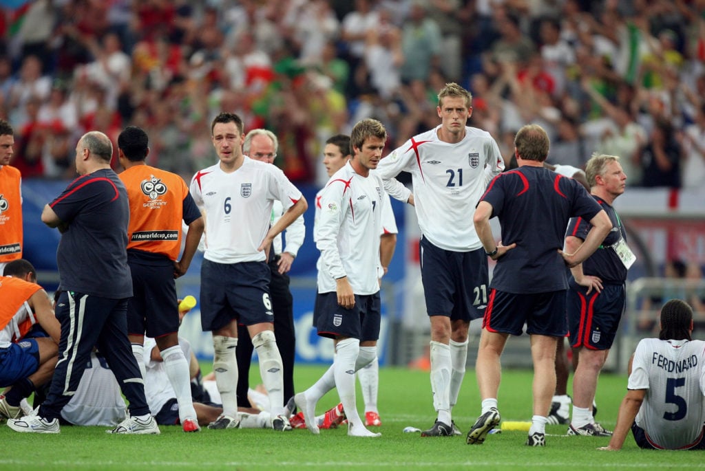 John Terry, David Beckham and Peter Crouch are dejected after loosing on penalties during the FIFA World Cup Finals 2006 Quarter Final match betwee...