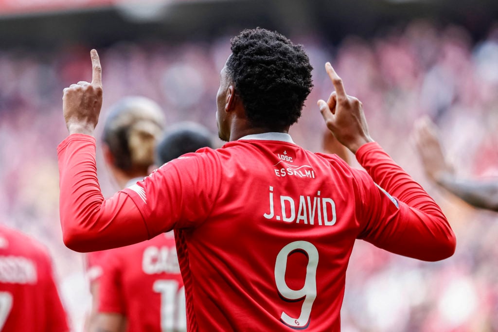 Canadian Lille striker #09 Jonathan David celebrates after scoring his team's first goal during the French L1 soccer match between Lille (LOSC)…