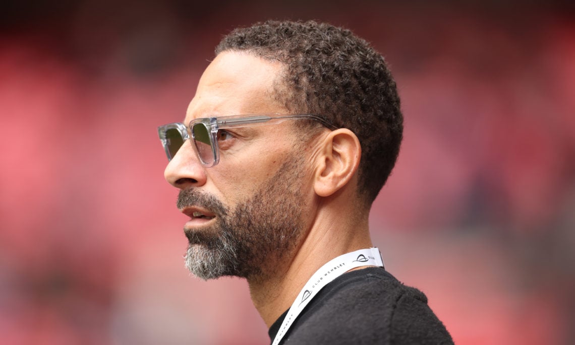 Rio Ferdinand looks on before the Emirates FA Cup Semi Final match between Coventry City and Manchester United at Wembley Stadium on April 21, 2024...