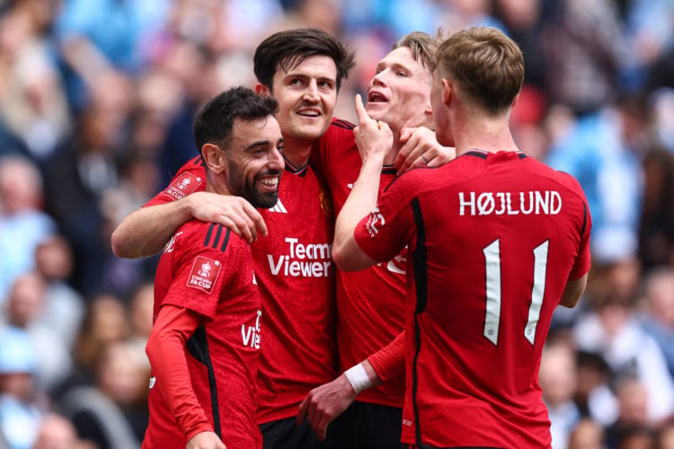 Harry Maguire of Manchester United celebrates scoring their 2nd goal with teammates Bruno Fernandes, Scott McTominay and Rasmus Hojlund during the ...