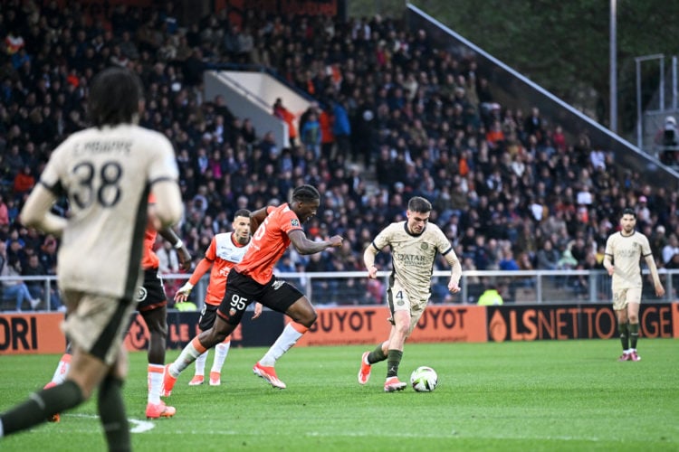 95 Isaak TOURE (fcl) - 04 Manuel UGARTE (psg) during the Ligue 1 Uber Eats match between Lorient and Paris at Stade Yves Allainmat on April 24, 202...