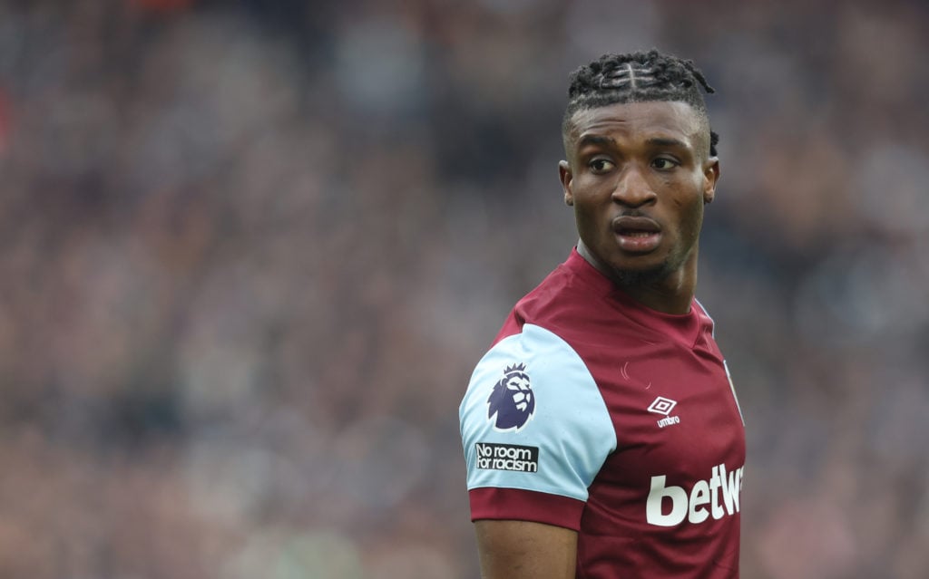 West Ham United's Mohammed Kudus during the Premier League match between West Ham United and Liverpool FC at London Stadium on April 27, 2024 in Lo...