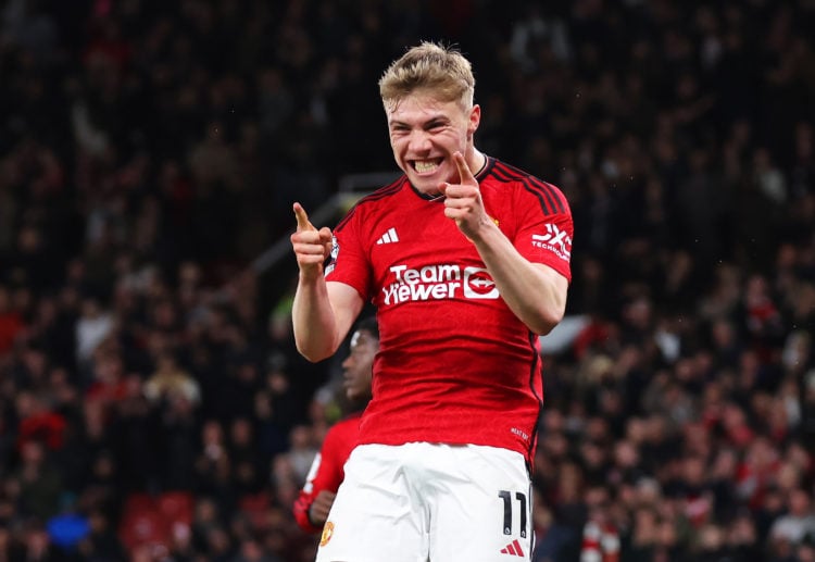 Rasmus Hojlund of Manchester United celebrates scoring his team's fourth goal during the Premier League match between Manchester United and Sheffie...