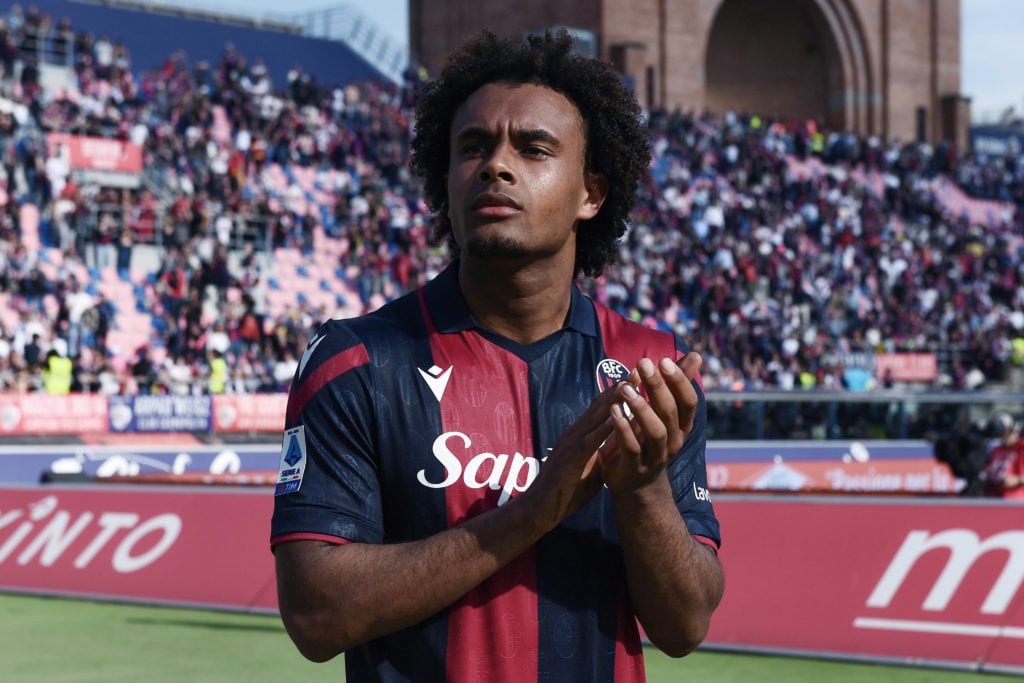 Joshua Zirkzee of Bologna FC looks on during the Serie A TIM match between Bologna FC and Udinese Calcio at Stadio Renato Dall'Ara on April 28, 202...