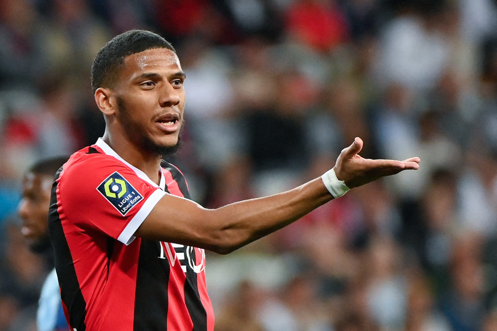 French defender no.  Nice's 06 Jean-Clair Todibo reacts during the French L1 football match between OGC Nice and Le Havre AC at Allianz Riviera Sta...