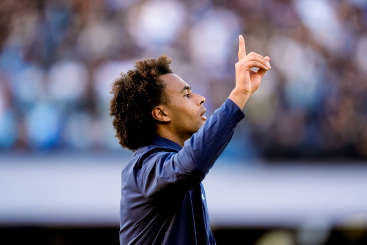 Joshua Zirkzee of Bologna FC raises his hands to the sky during the serie A TIM match between SSC Napoli and Bologna FC at Stadio Diego Armando Mar...