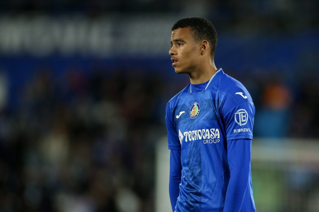 Mason Greenwood of Getafe CF looks on during the LaLiga EA Sports match between Getafe CF and Atletico Madrid at Coliseum Alfonso Perez on May 15, ...