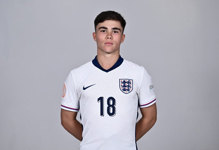 Harry Amass poses for a portrait during an England squad portrait session at the UEFA European Under-17 Championship 2023/2024 in the Amethyst Hote...