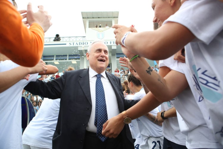 SS Lazio President Claudio Lotito with her players celebrate promotion to Serie A women after the Women Serie B match between SS Lazio and Parma at...