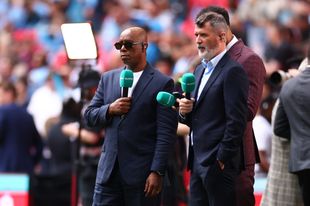 Former players Ian Wright and Roy Keane ahead of the Emirates FA Cup Final match between Manchester City and Manchester United at Wembley Stadium ...