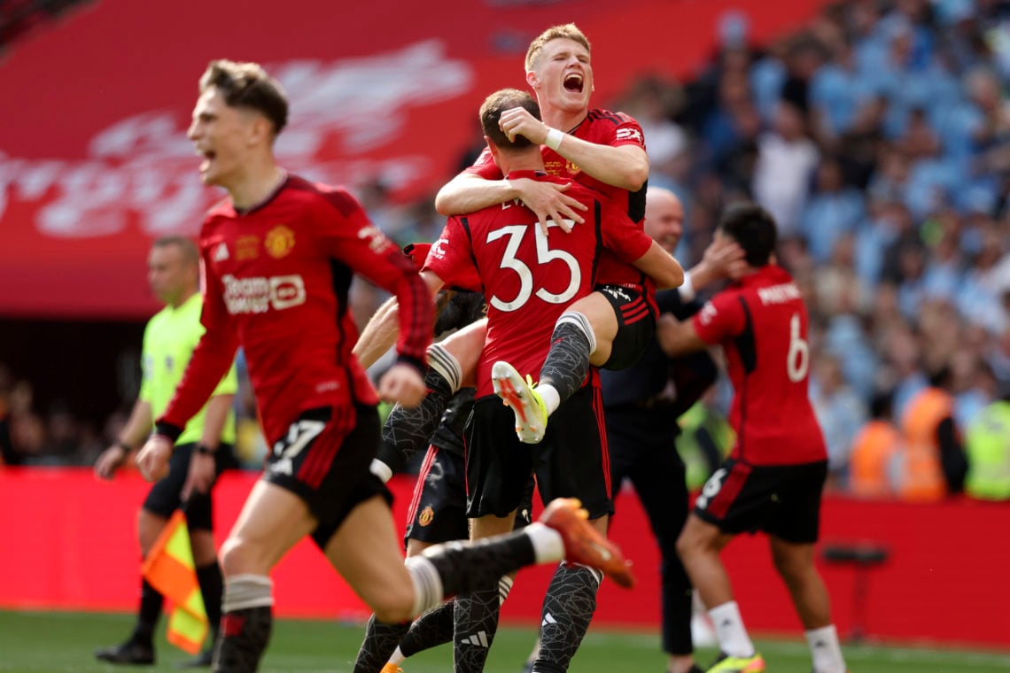 Scott McTominay of Manchester United and Jonny Evans of Manchester United celebrates during the Emirates FA Cup Final match between Manchester City...