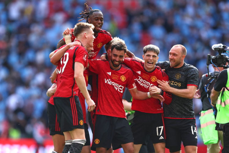 Aaron Wan-Bissaka, Bruno Fernandes, Alejandro Garnacho and Christian Eriksen of Manchester United celebrate their victory during the Emirates FA Cu...