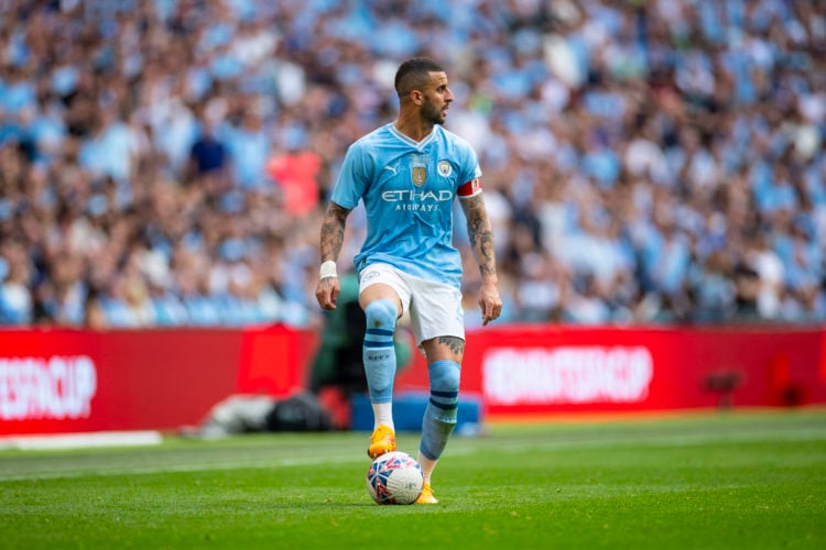 Kyle Walker #2 of Manchester City is playing during the FA Cup Final between Manchester City and Manchester United at Wembley Stadium in London, En...