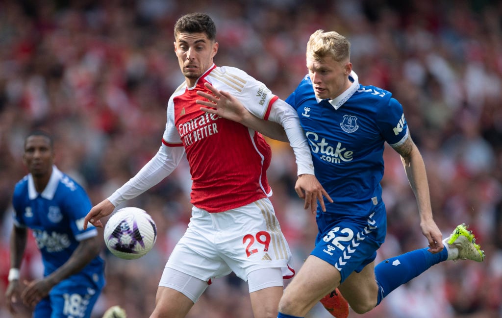 Jarrad Branthwaite of Everton (right) and Kai Havertz of Arsenal during the Premier League match between Arsenal FC and Everton FC at Emirates Stad...