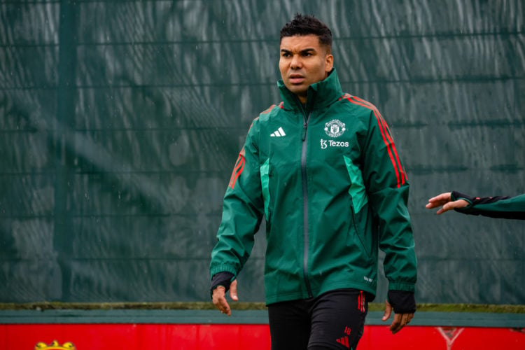 Casemiro of Manchester United in action during a first team training session at Carrington Training Ground on May 22, 2024 in Manchester, England.