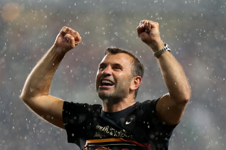 Head Coach Okan Buruk of Galatasaray celebrates the Galatasaray's Turkish Super Lig title in Konya, Turkiye on May 26, 2024. Galatasaray defeated K...