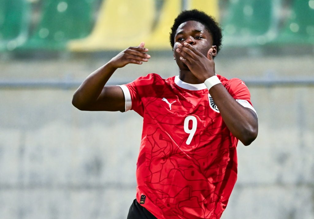 Austria's Oghenetejiri Adejenughure celebrates scoring his side's first goal during the UEFA European Under-17 Championship 2023/2024 quarter-finals...