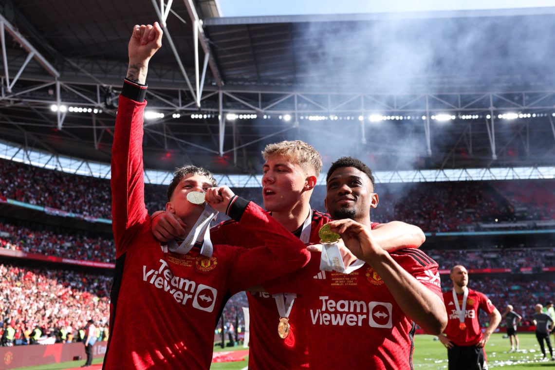 Alejandro Garnacho, Rasmus Hojlund and Amad Diallo of Manchester United celebrate together after the Emirates FA Cup Final match between Manchester...