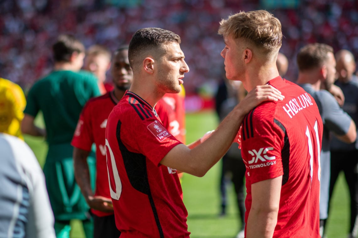 Diogo Dalot and Rasmus Hojlund of Manchester United celebrate winning the Emirates FA Cup Final match between Manchester City and Manchester United...