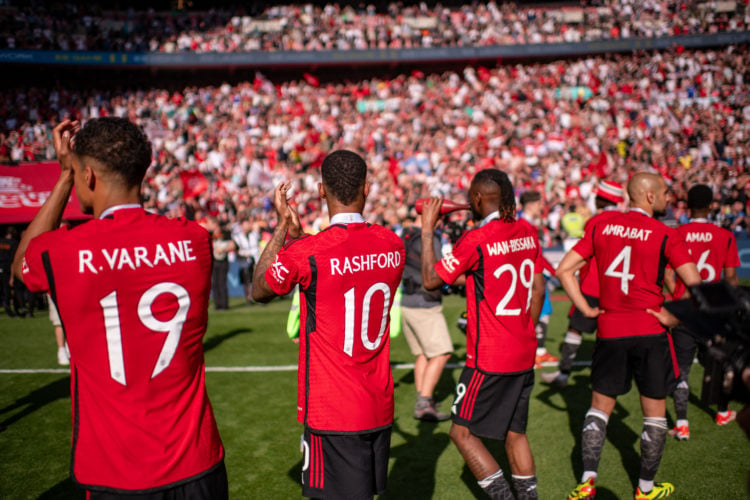 Raphael Varane, Marcus Rashford, Aaron Wan-Bissaka and Sofyan Amrabat of Manchester United celebrate winning the Emirates FA Cup Final match betwee...