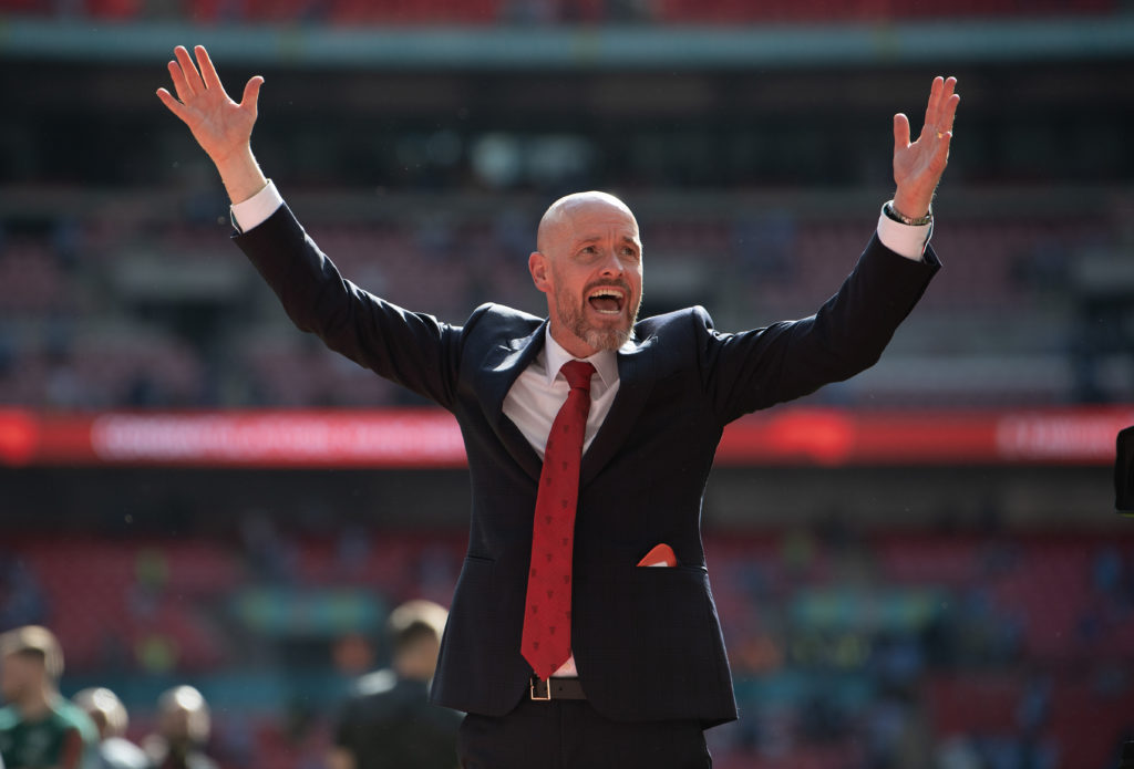Manchester United Erik ten Hag celebrates after winning the Emirates FA Cup Final match between Manchester City and Manchester United at Wembley St...