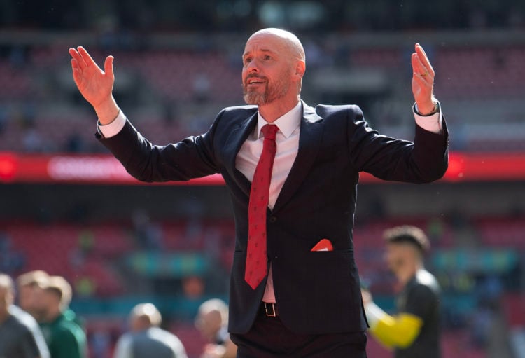 Manchester United Erik ten Hag celebrates after winning the Emirates FA Cup Final match between Manchester City and Manchester United at Wembley St...