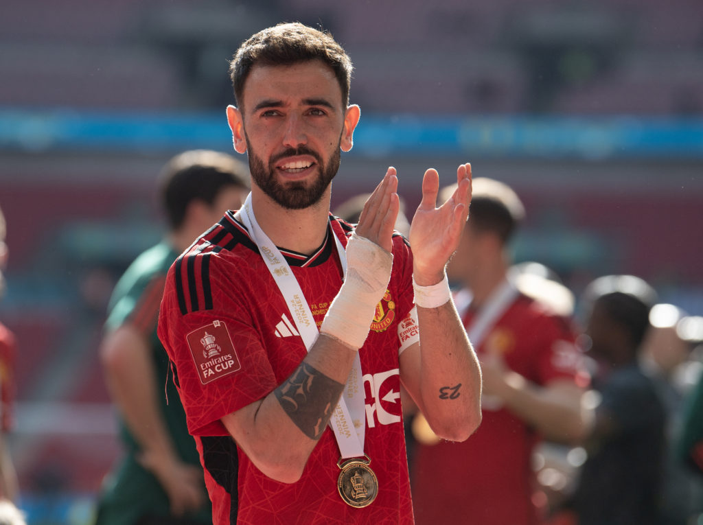 Bruno Fernandes of Manchester United celebrates winning the Emirates FA Cup Final match between Manchester City and Manchester United at Wembley St...