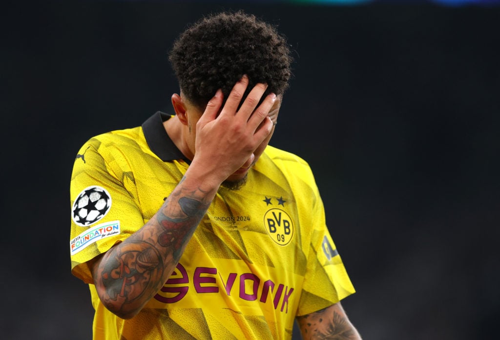 Jadon Sancho of Borussia Dortmund reacts during the UEFA Champions League 2023/24 final match between Borussia Dortmund v Real Madrid CF at Wemble...