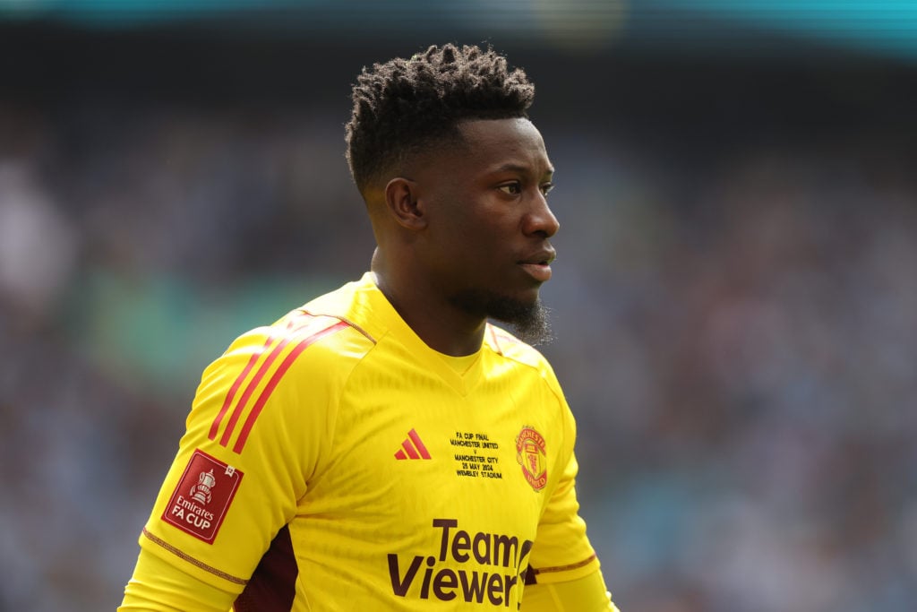 Andre Onana, goalkeeper of Manchester United in action during the Emirates FA Cup Final match between Manchester City and Manchester United at Wemb...