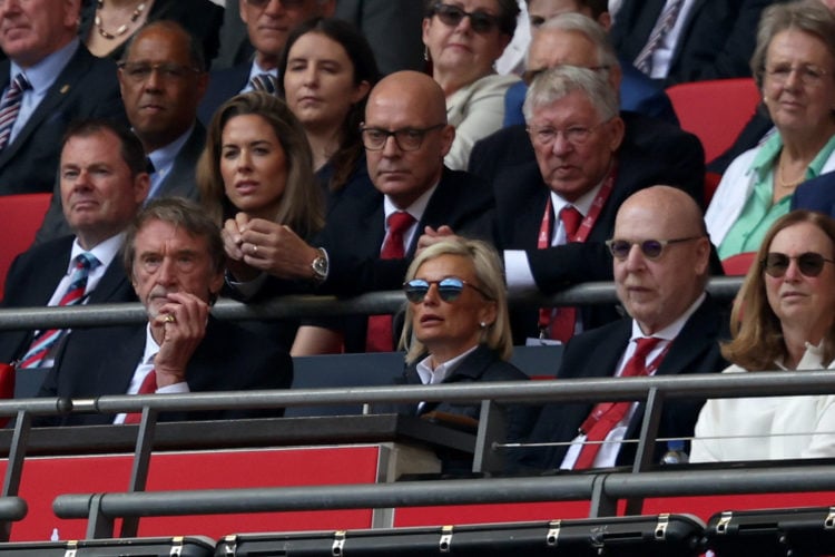 Manchester United's powerbrokers Sir Jim Ratcliffe, Sir Dave Brailsford, Sir Alex Ferguson and Avram Glazer watch the Emirates FA Cup Final match b...